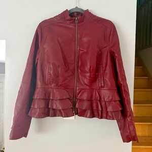 Bagatelle Romantic Rock Red Vegan Leather Jacket with Layered Hem